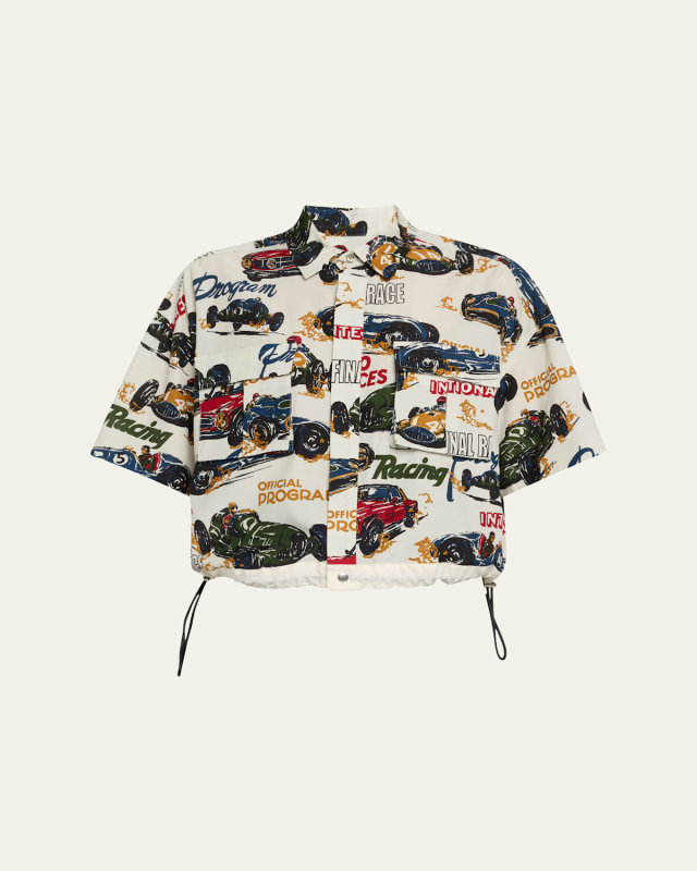 Car Print Cropped Drawcord Blouse